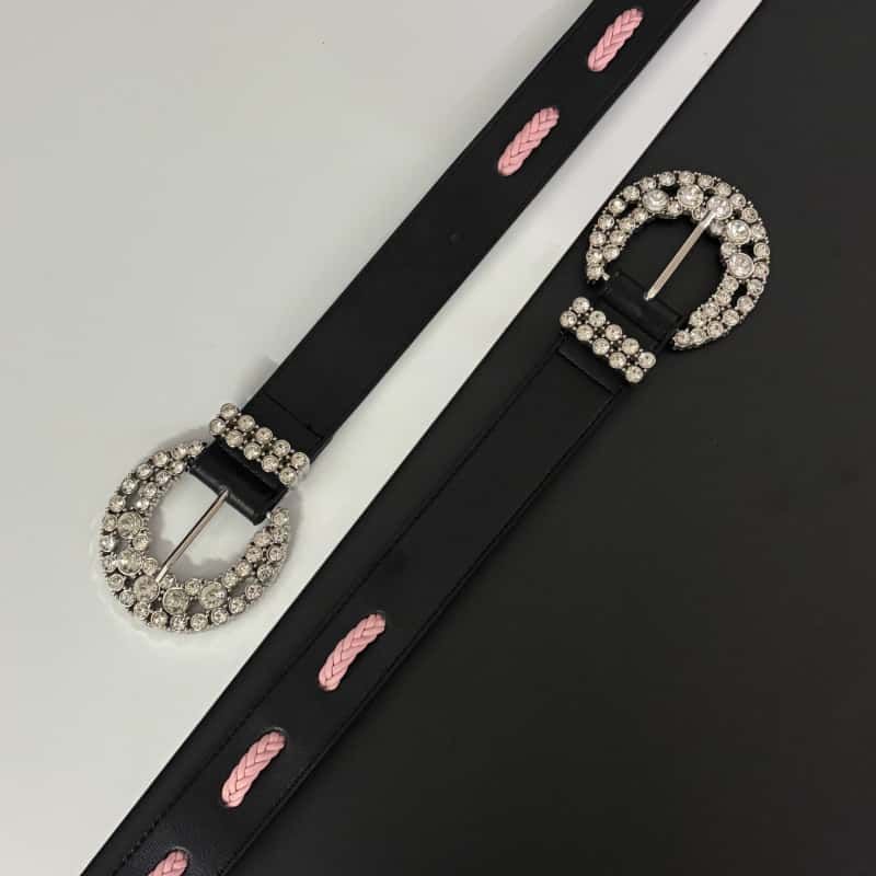 26SS Leather Belt Rhinestone Buckle Pink Cutout Full Grain Waist Belt