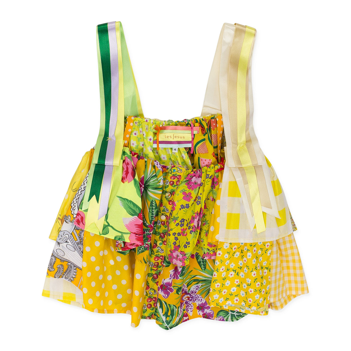 YELLOW RUFFLED PATCHWORK RIBBON BLOUSE