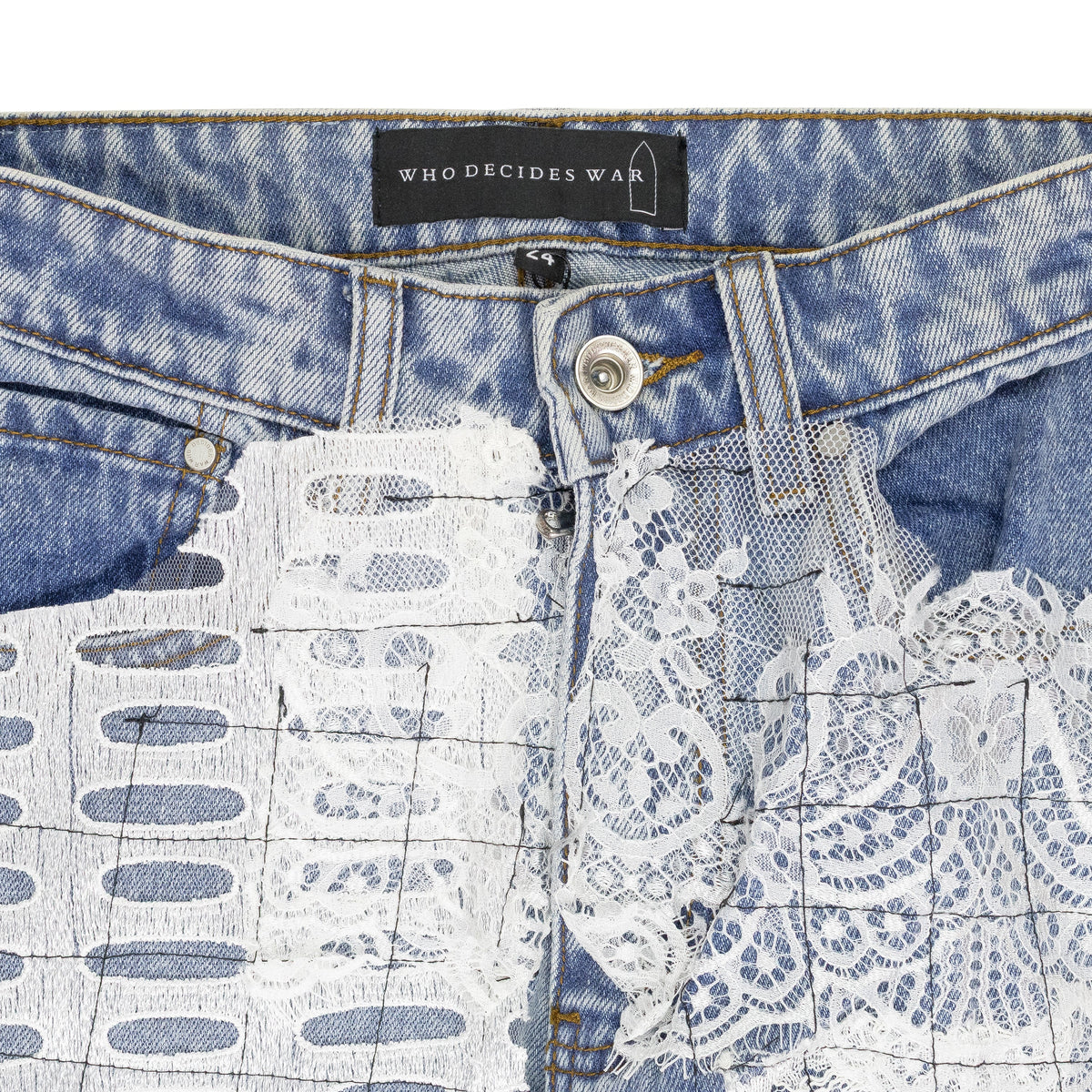 BLUE GRID LACE STRAIGHT-FIT JEANS