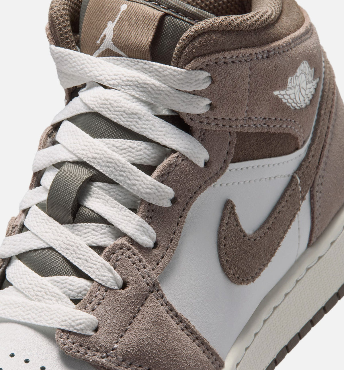 Air Jordan 1 Mid Grade School Sneakers – Enigma Stone / Olive Grey / Summit White