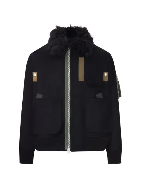 sacai Melton faux-fur collar wool jacket