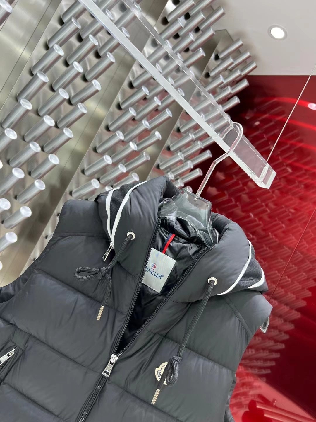 Moncler Charcoal Hooded Puffer Vest with Logo Trim