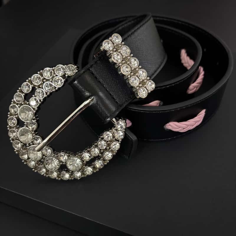 26SS Leather Belt Rhinestone Buckle Pink Cutout Full Grain Waist Belt