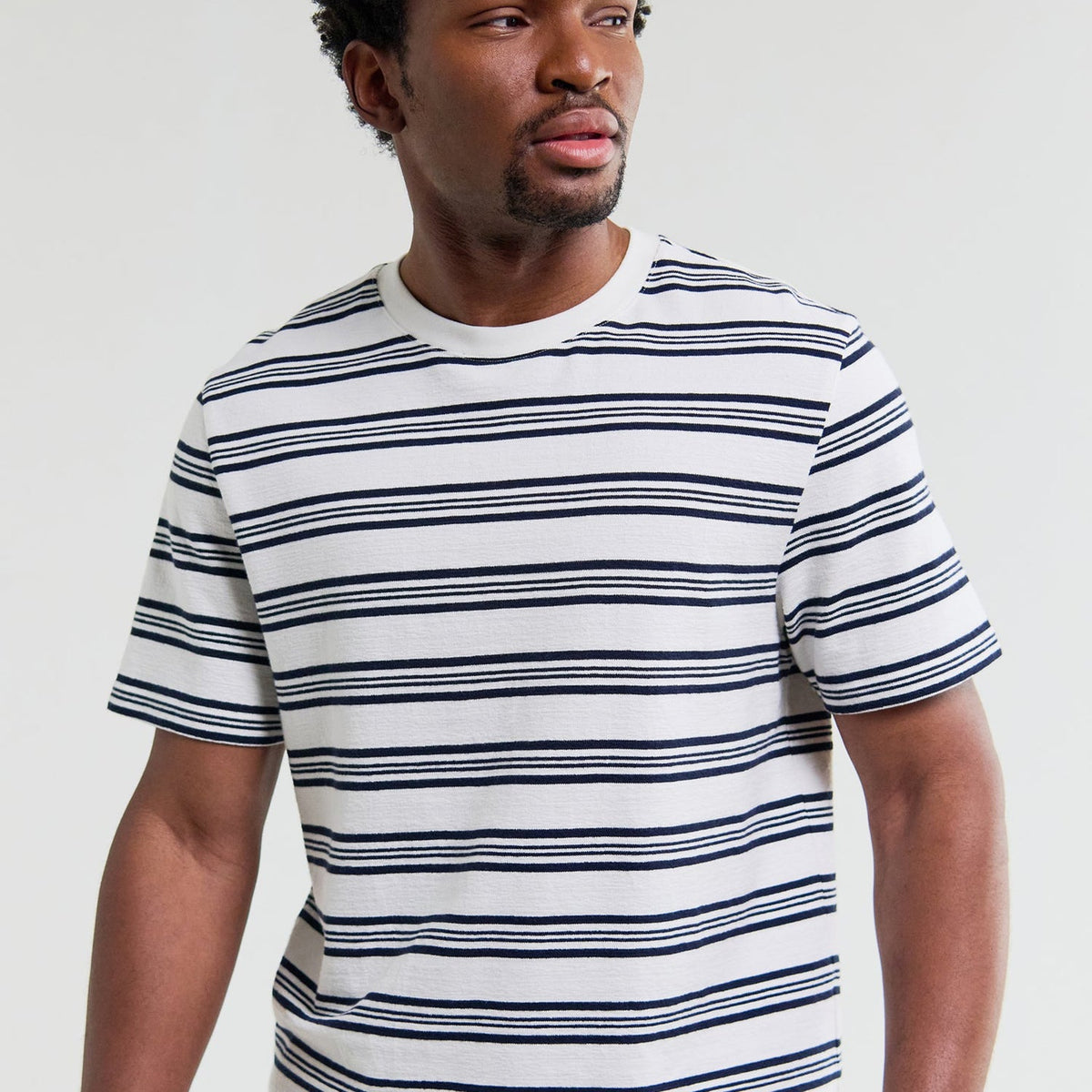 Wax London Dean SS Tee Textured Stripe: Ecru / Navy