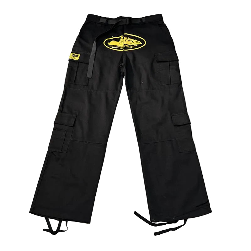 Corteiz Alcatraz Cargo Pants – Black Yellow Print