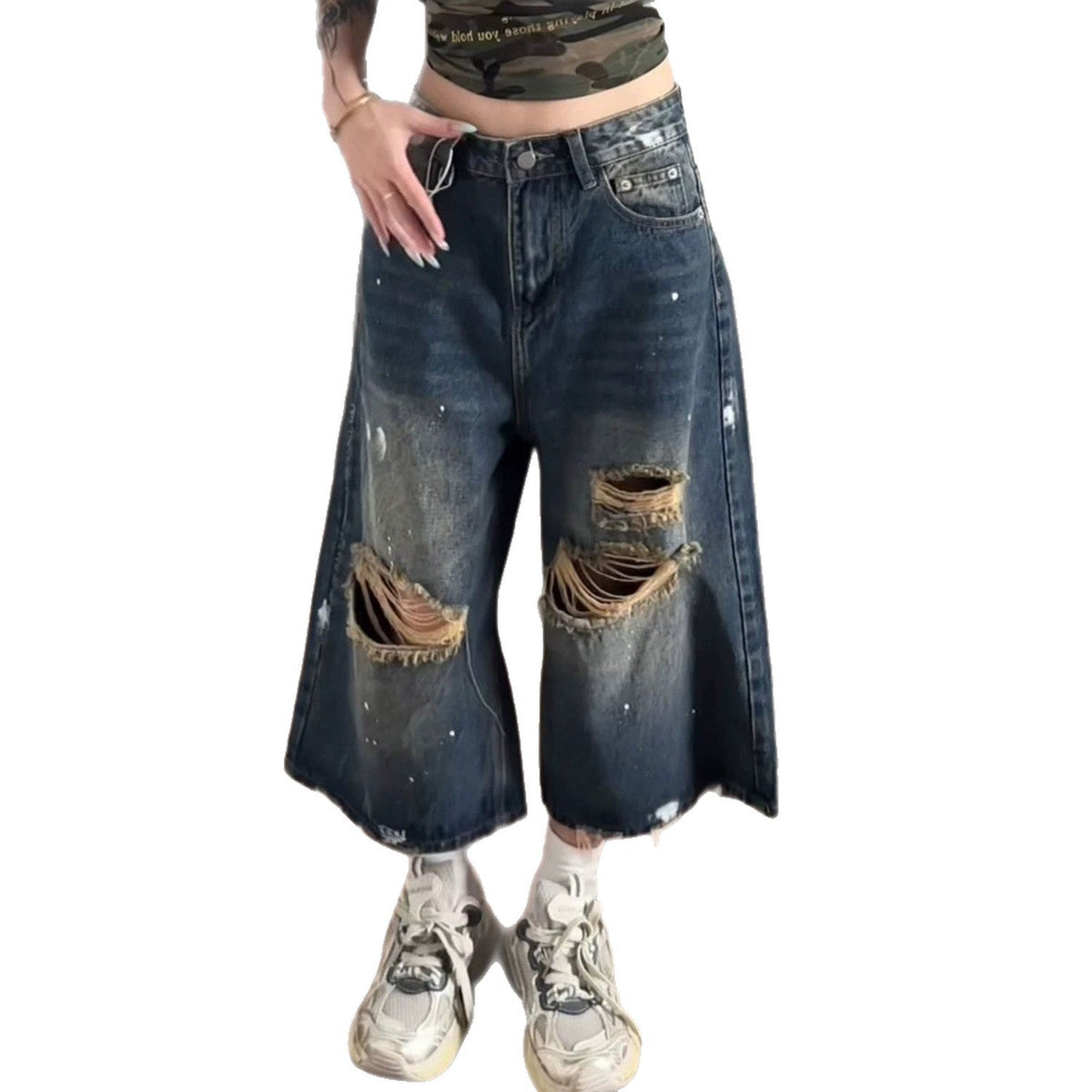 Vintage Distressed Washed Capri Denim Wide Leg Baggy Shorts