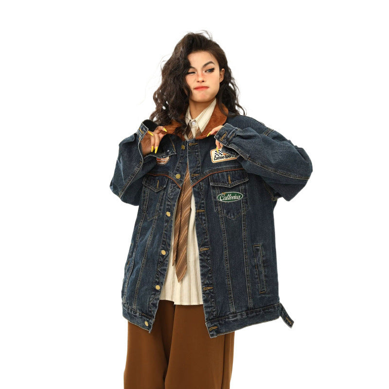 Y2K Vintage Washed Spliced Denim Zip‑Up Jacket Streetwear Unisex