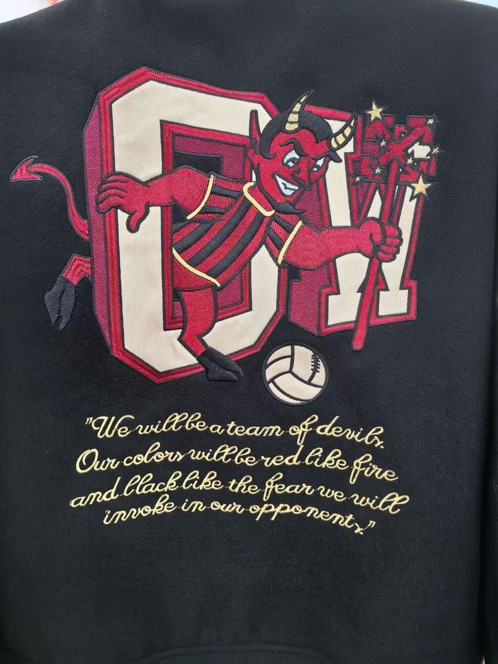 Off-White Cartoon Devil Graphic Varsity Jacket Unisex
