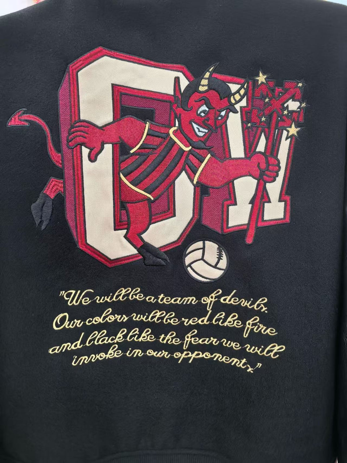 Off-White Cartoon Devil Graphic Varsity Jacket Unisex