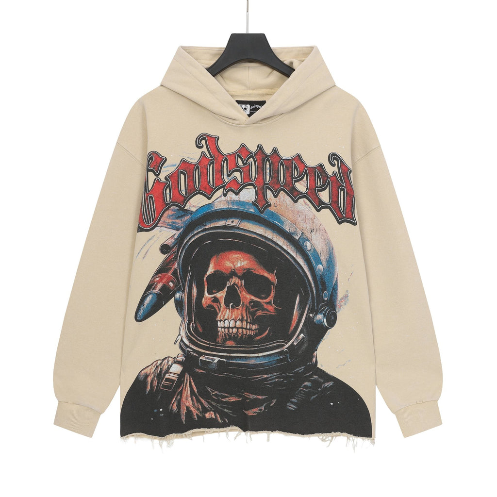 Godspeed Astronaut Skull Graphic Washed Raw Hem Hoodie
