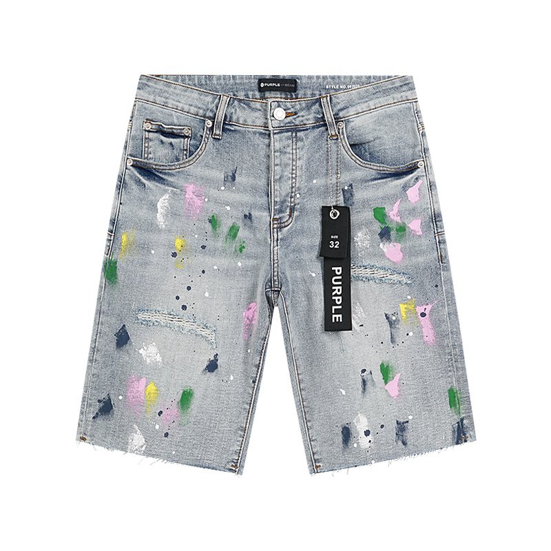 Purple Brand Light Blue Paint-Splatter Denim Shorts
