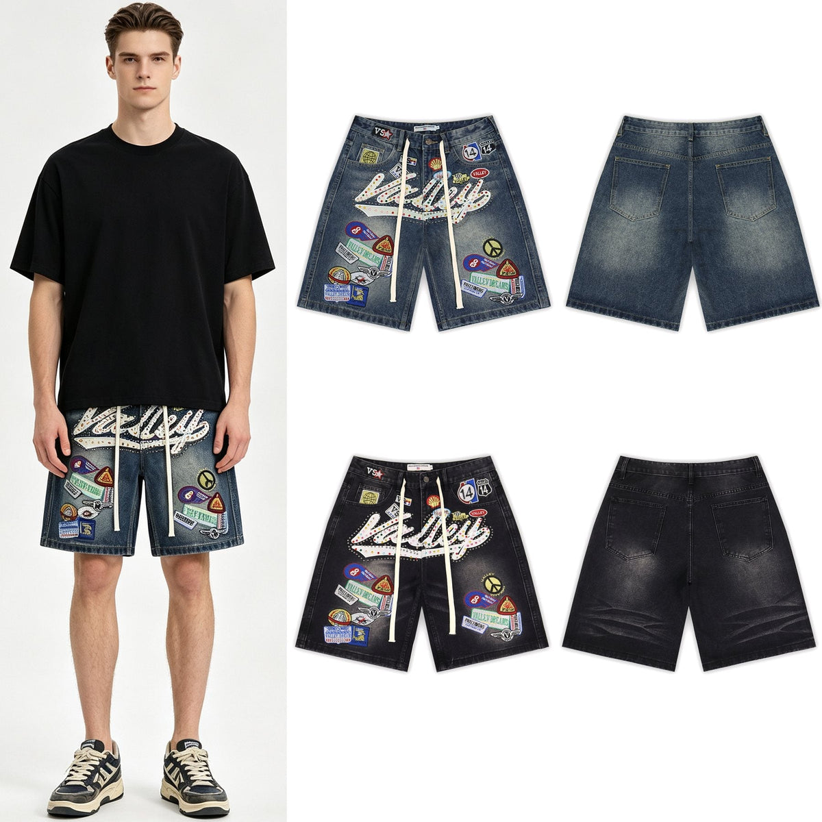 VALE SPORTS DIVISION Patch Embroidered Studded Denim Shorts
