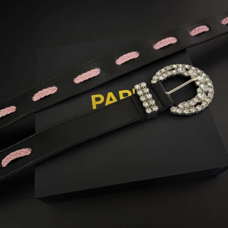 26SS Leather Belt Rhinestone Buckle Pink Cutout Full Grain Waist Belt