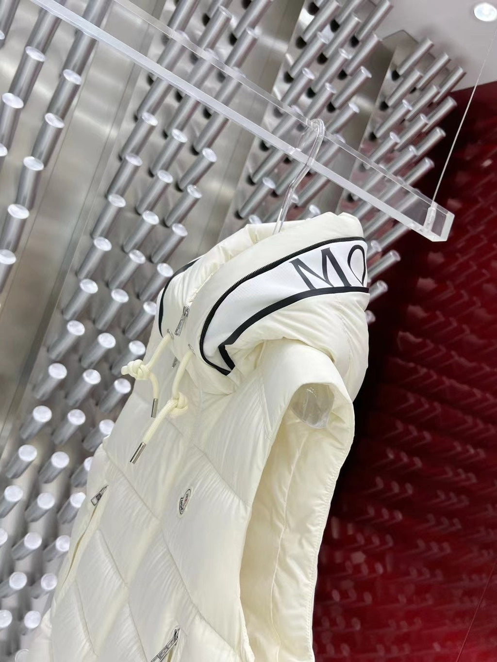 Moncler Hooded Puffer Vest in White with Black Trim