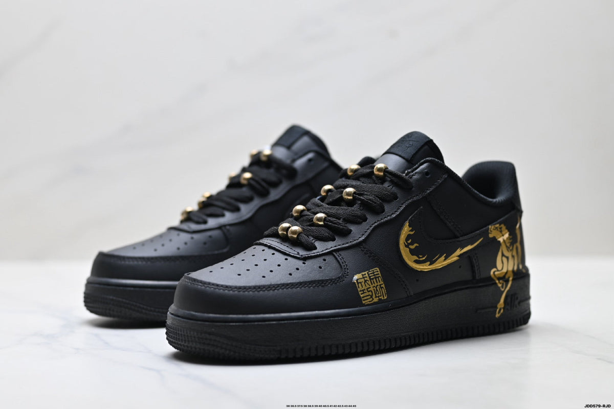 Nike Air Force 1 Low Black Gold Graphic Unisex Sneakers Style 14