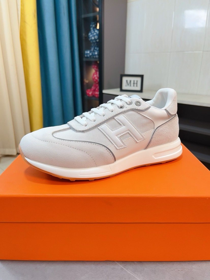 Hermès White and Light Gray Low-Top Sneakers