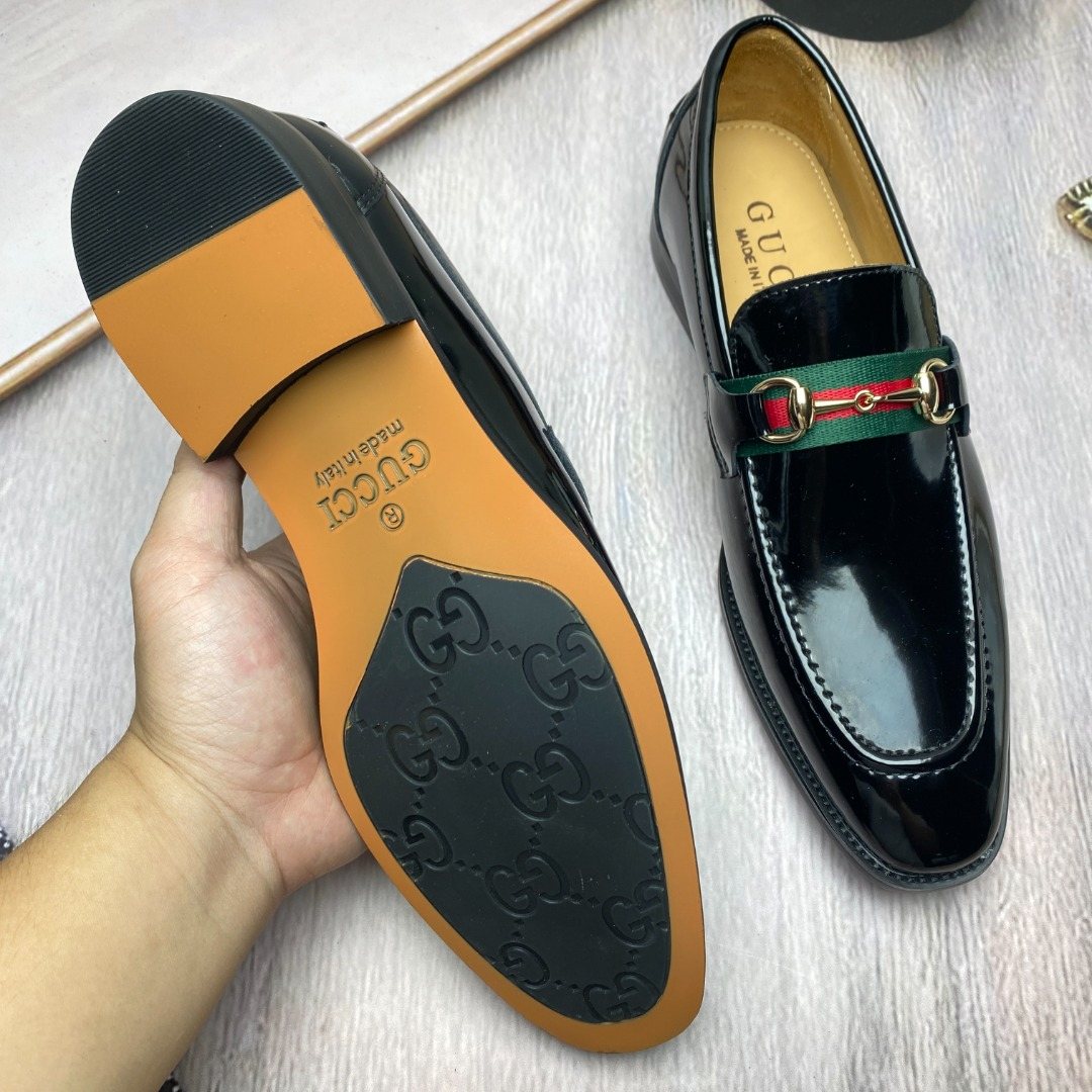 Gucci Black Patent Web Stripe Loafers