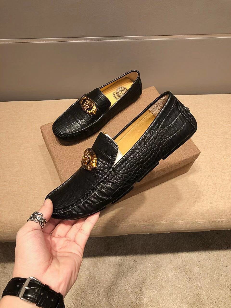 Versace Black Textured Loafers
