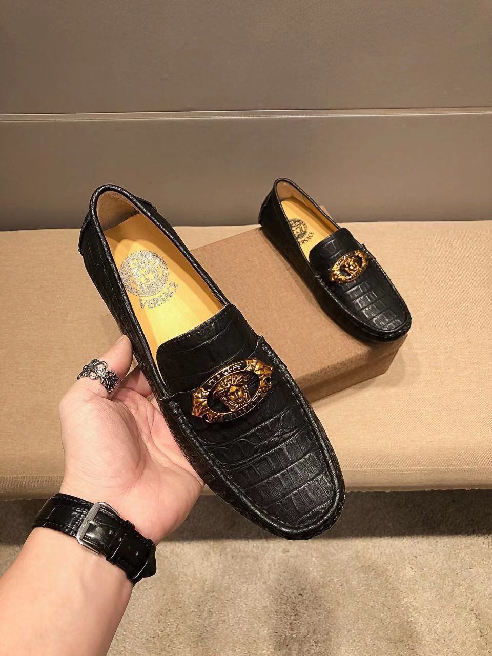 Versace Black Textured Loafers