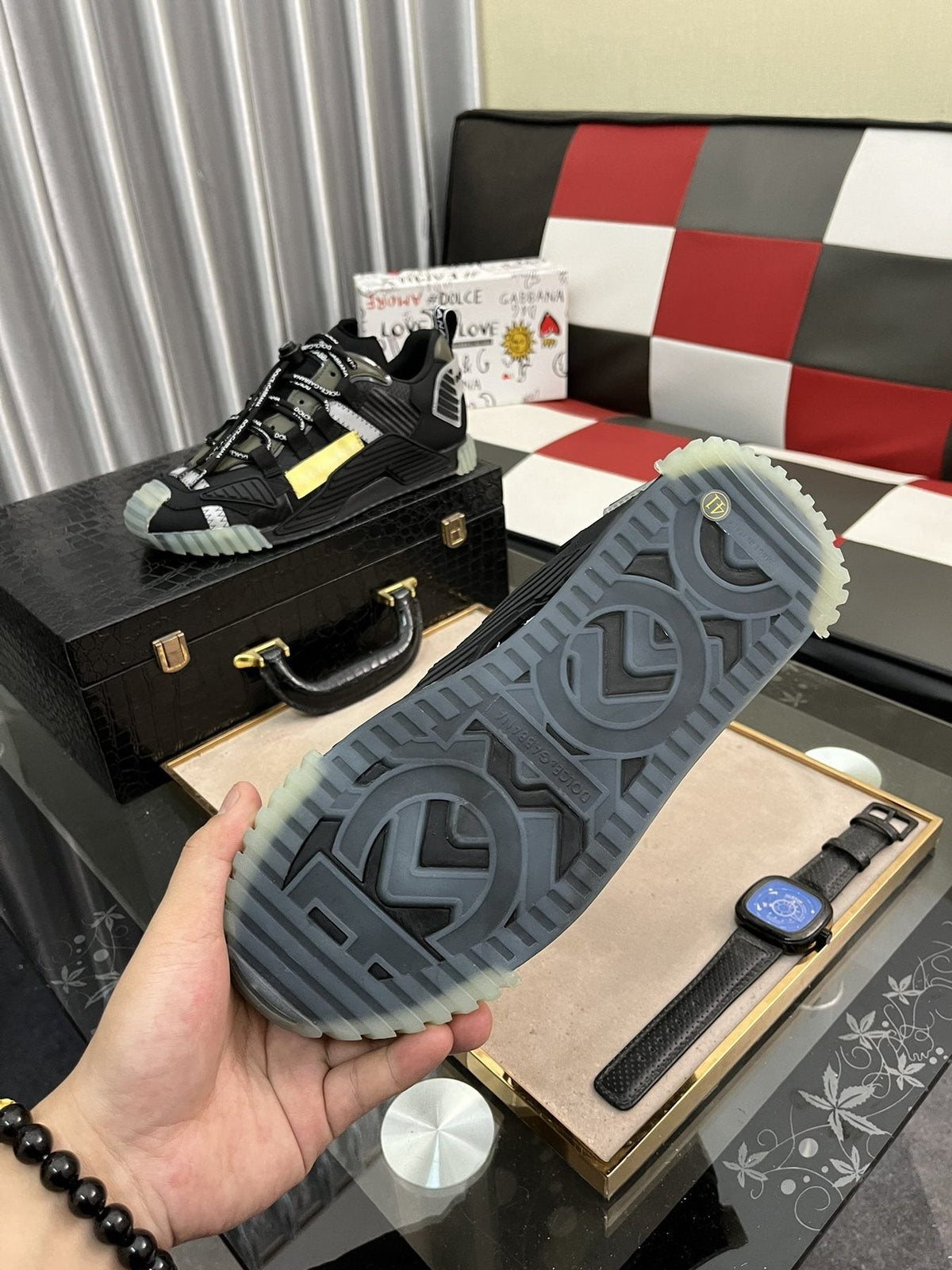 Dolce & Gabbana Black and Gray Sneakers with Yellow Accent