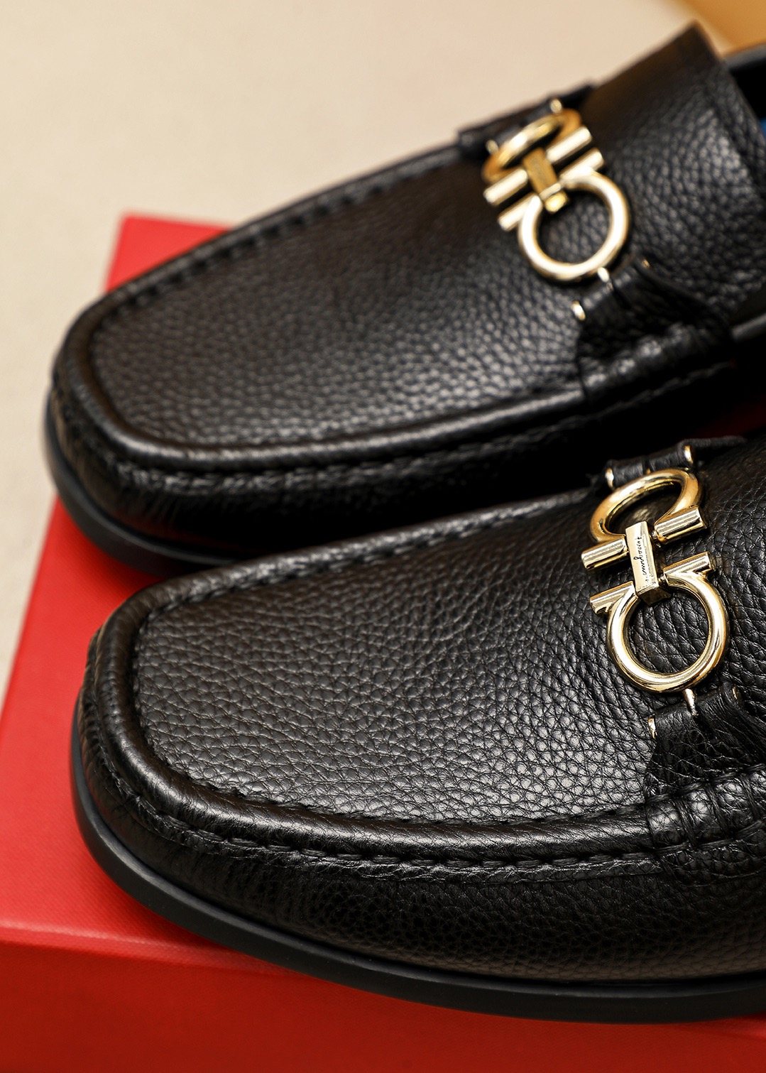 Ferragamo Black Textured Leather Loafers - Gold-Tone Hardware