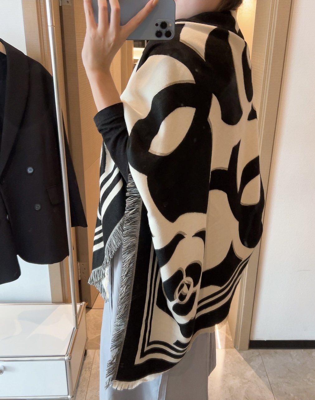 Chanel Black & Ivory Floral Scarf