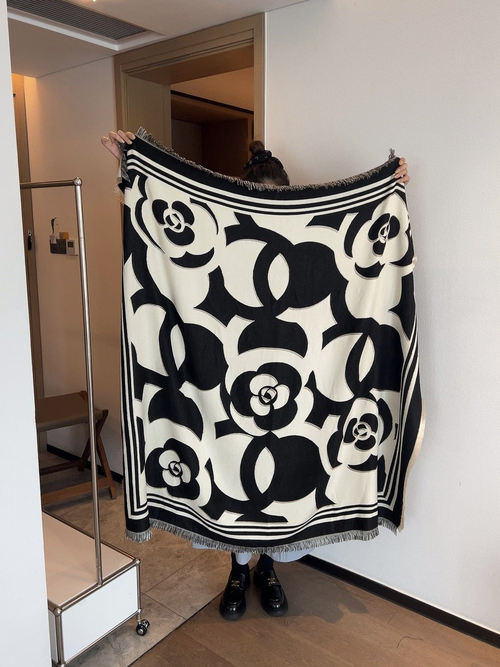 Chanel Black & Ivory Floral Scarf