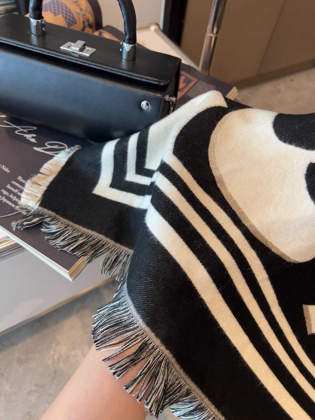 Chanel Black & Ivory Floral Scarf
