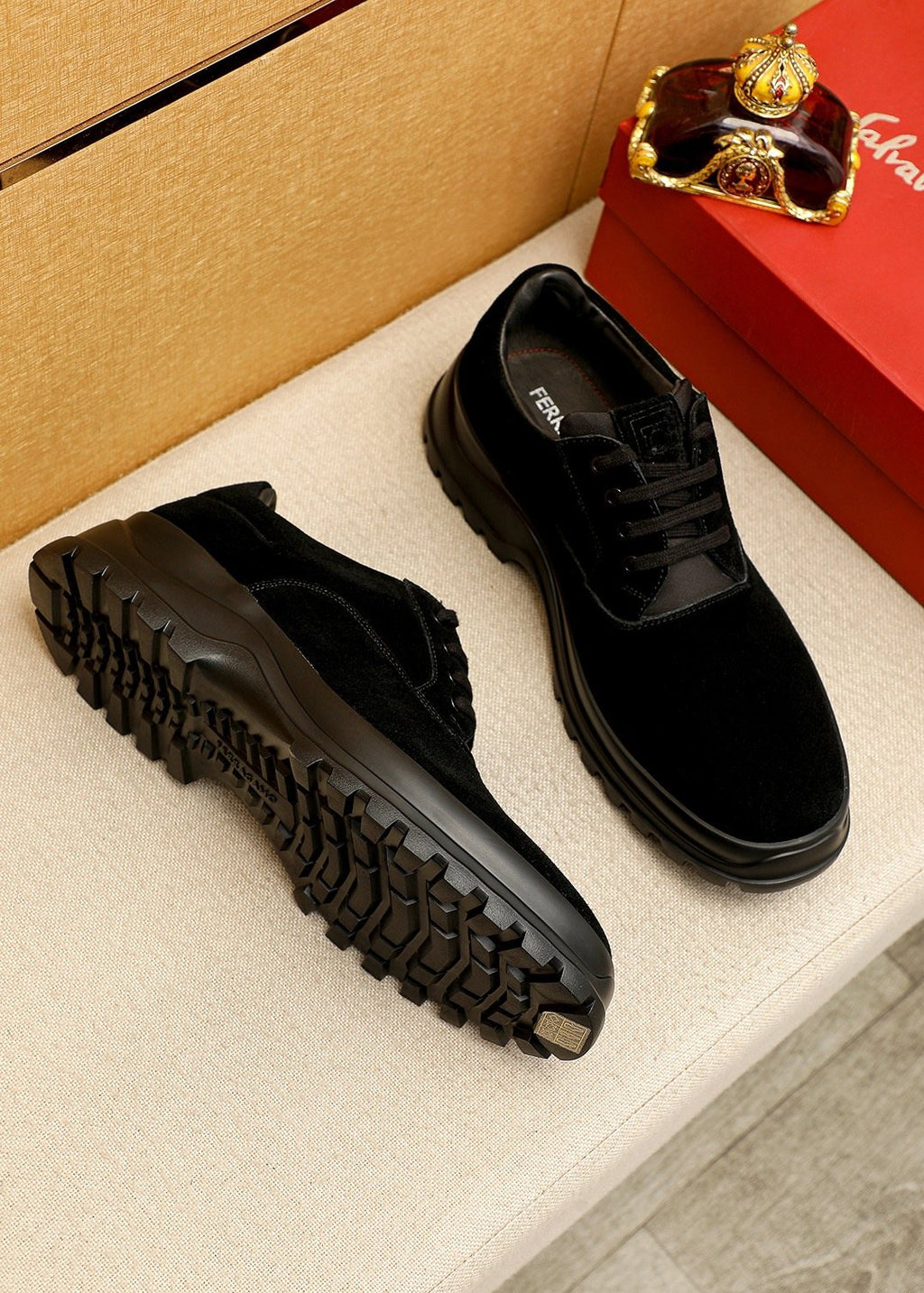 Ferragamo Men's Black Lug Sole Lace-Up Shoes