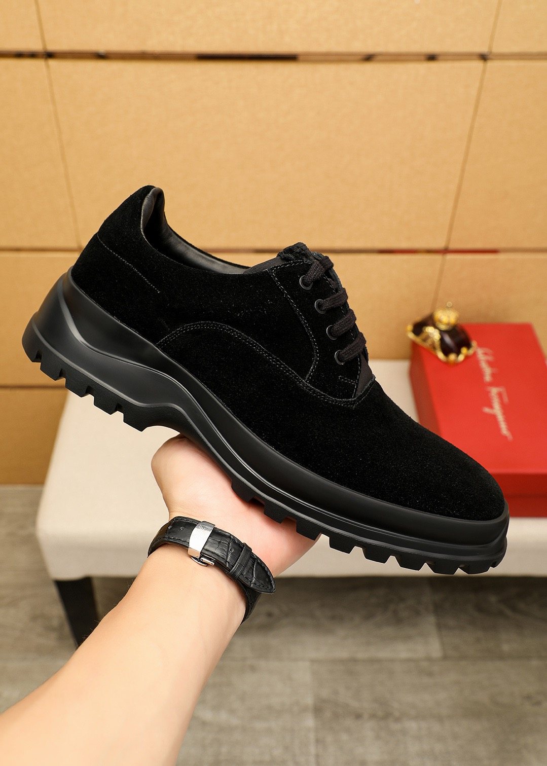 Ferragamo Men's Black Lug Sole Lace-Up Shoes