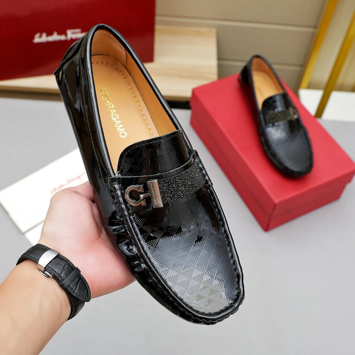 Ferragamo Men's Black Embossed Slip-On Loafers