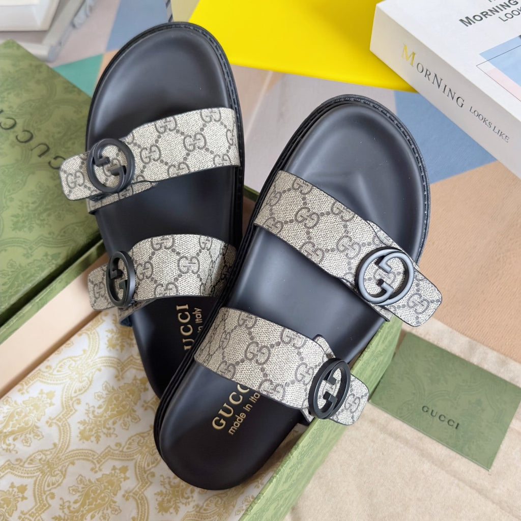 Gucci Monogram Double-Strap Slide Sandals - Black and Beige Monogram