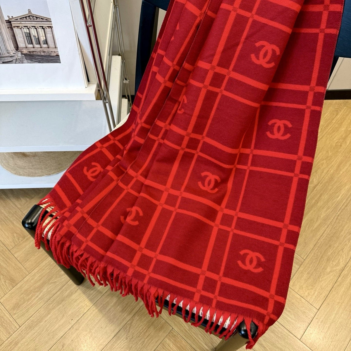 Chanel Burgundy Red Logo Check Scarf