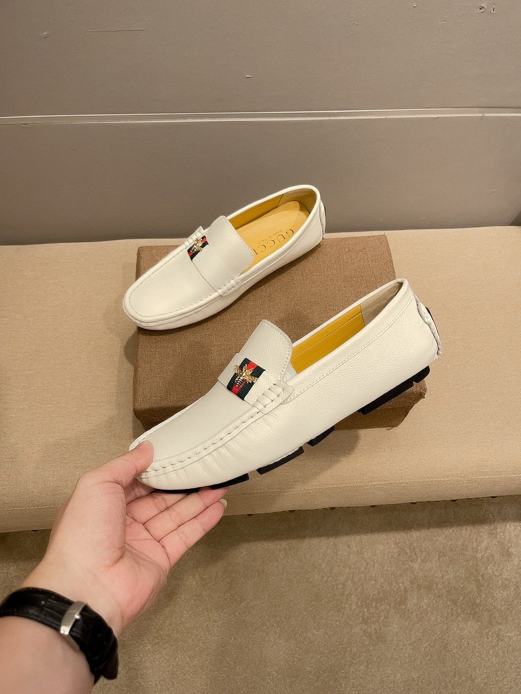 Gucci White Web Accent Loafers