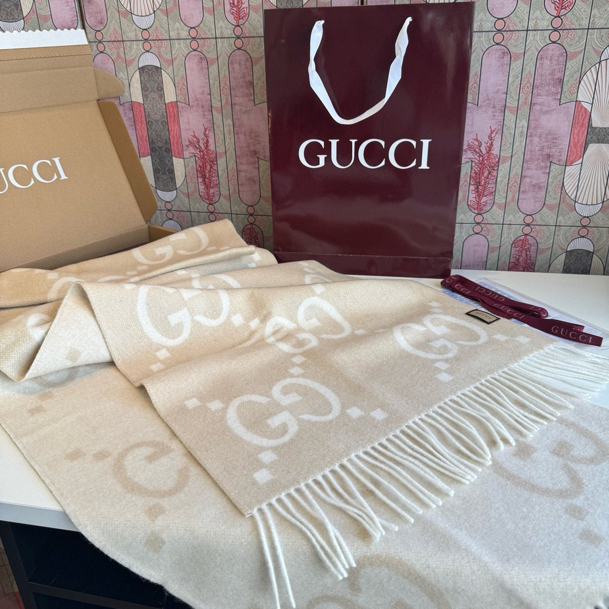 Gucci Beige Cream GG Fringe Scarf