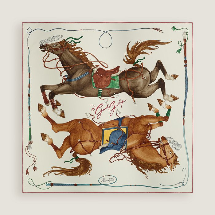 Hermès Cream Equestrian Silk Square Scarf