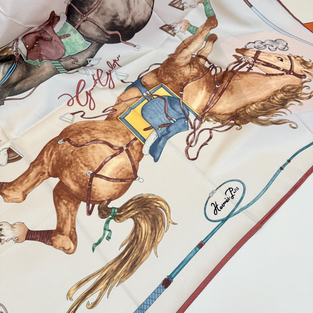 Hermès Cream Equestrian Silk Square Scarf