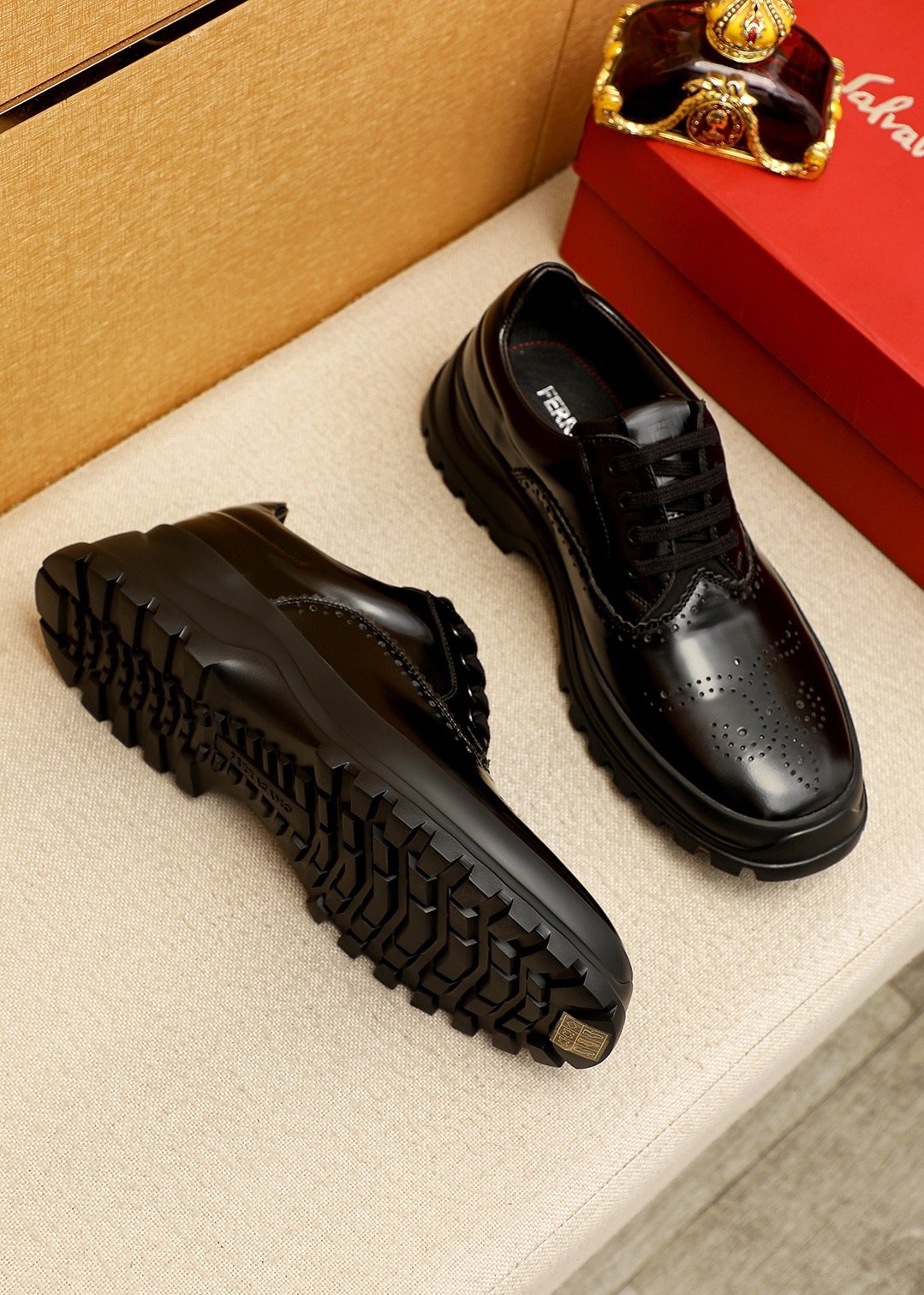 Ferragamo Black Perforated Lace-Up Shoes - Lug Sole