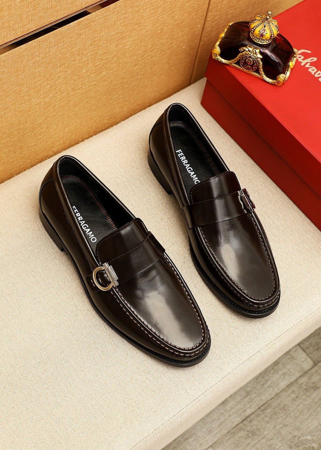 Ferragamo Black Buckle Moc-Toe Loafers