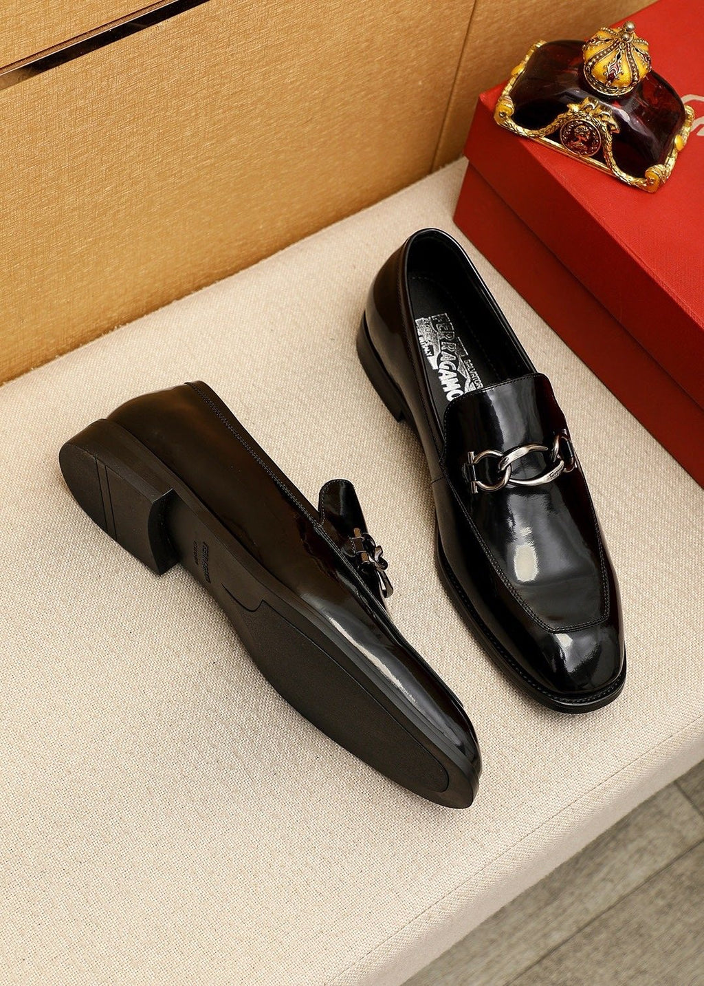 Ferragamo Black Metal-Accent Loafers - Rounded Toe