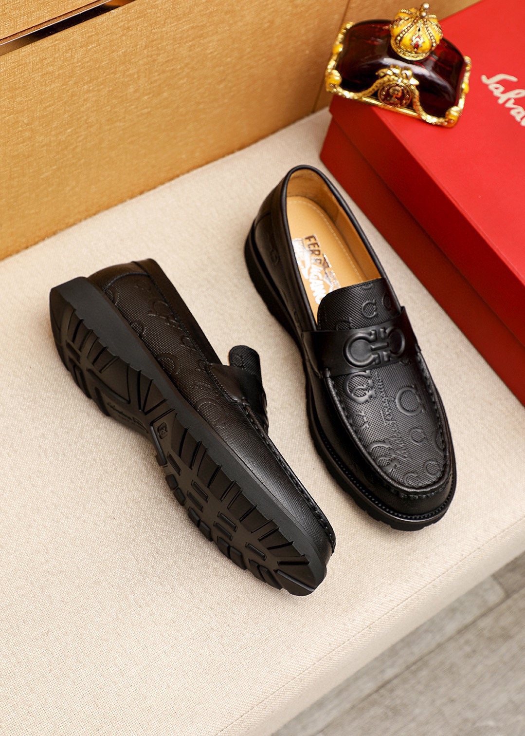 Ferragamo Black Embossed Slip-On Shoes