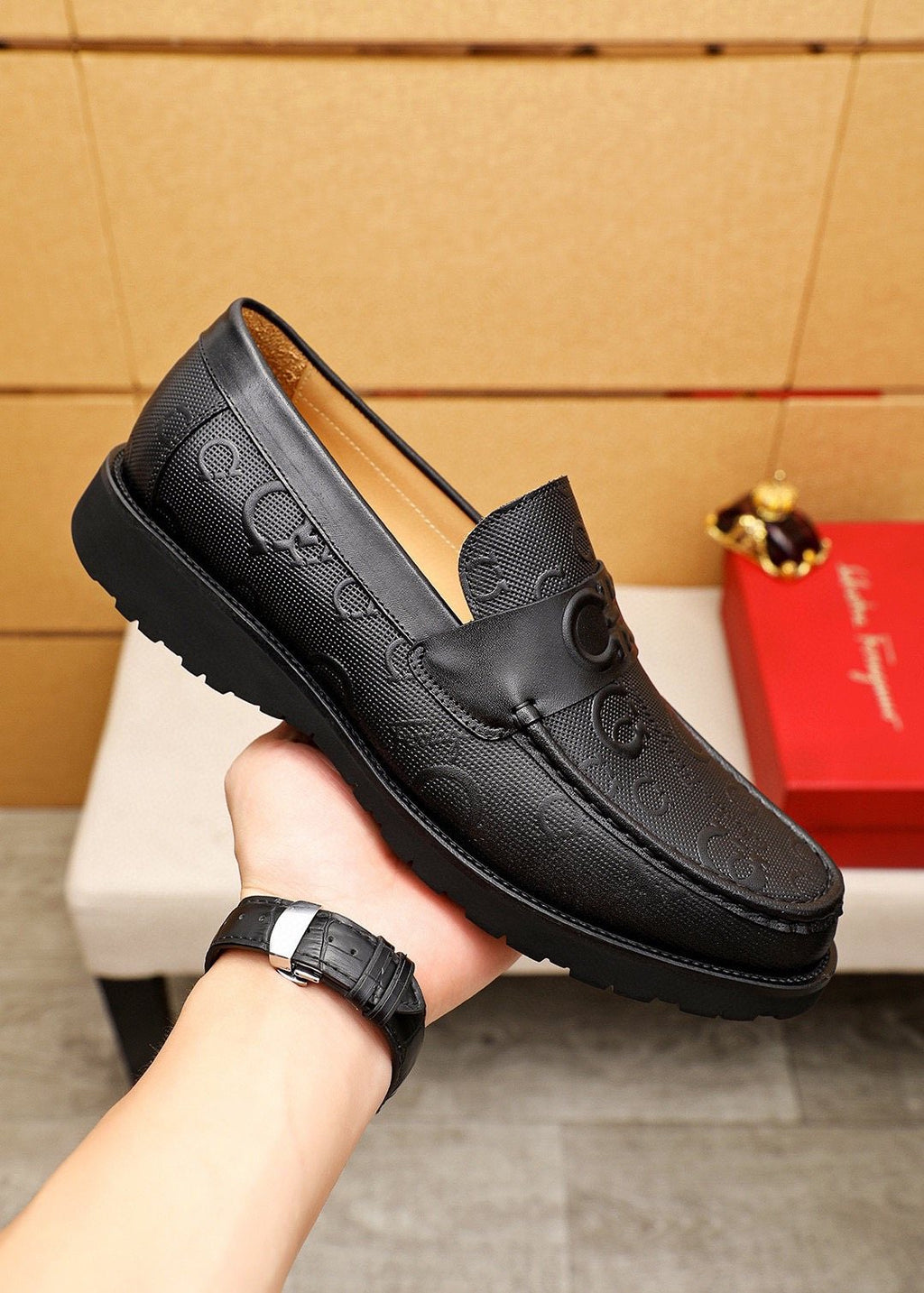 Ferragamo Black Embossed Slip-On Shoes
