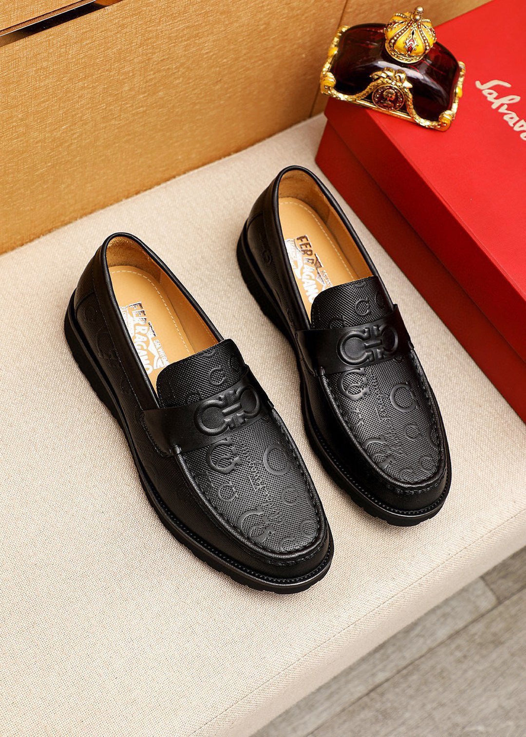 Ferragamo Black Embossed Slip-On Shoes