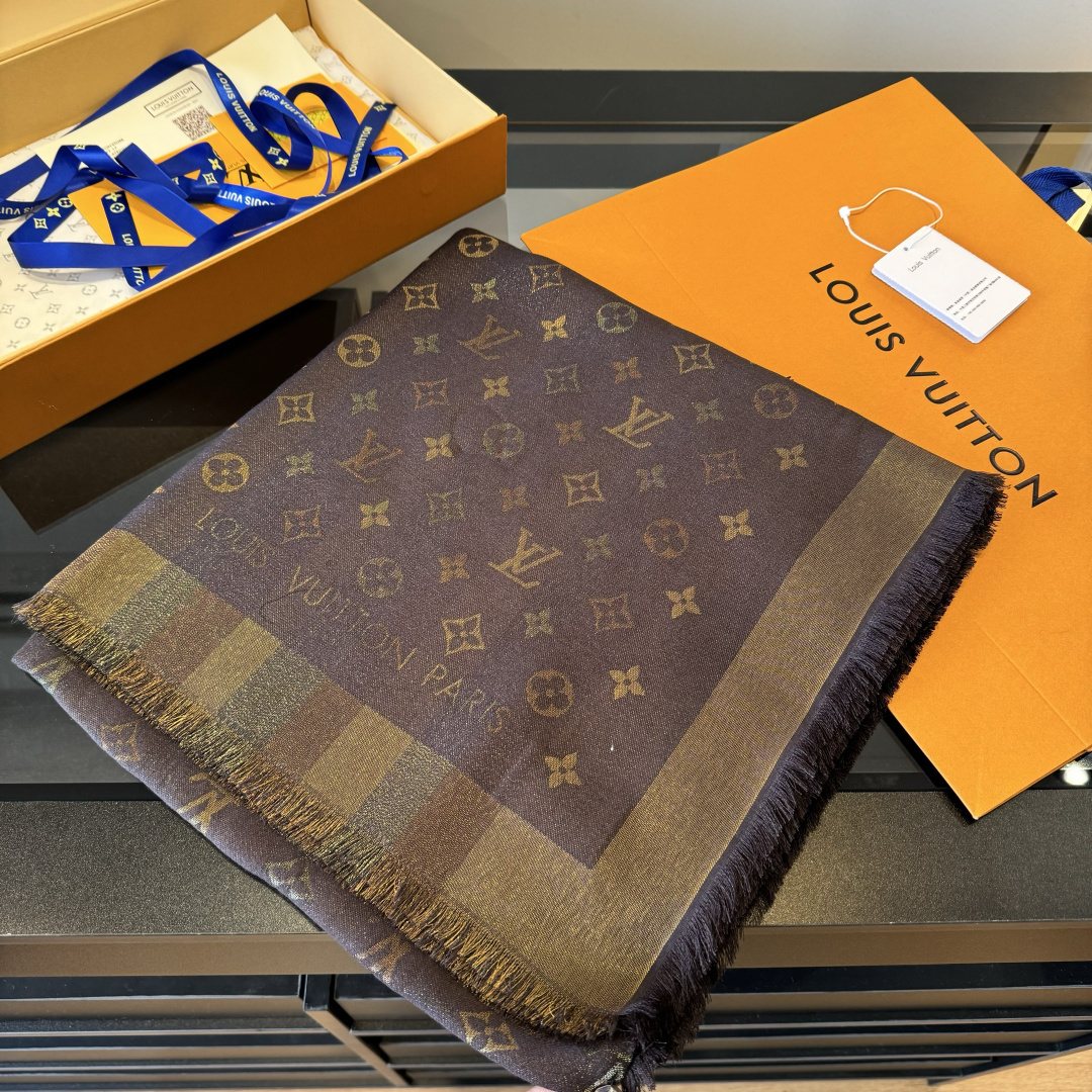 Louis Vuitton Charcoal Gold Monogram Fringed Shawl