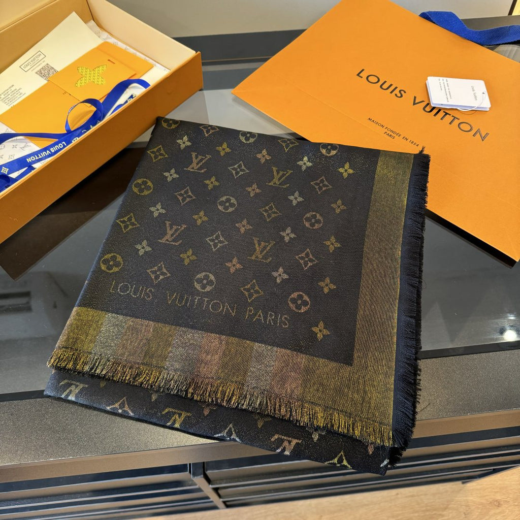 Louis Vuitton Charcoal Gold Monogram Fringed Shawl