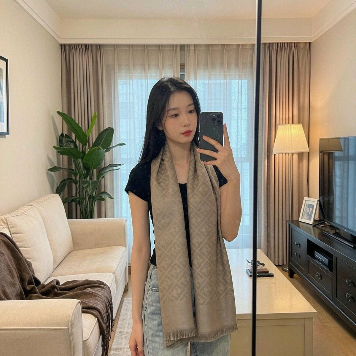 FENDI Fringed Geometric Monogram Scarf