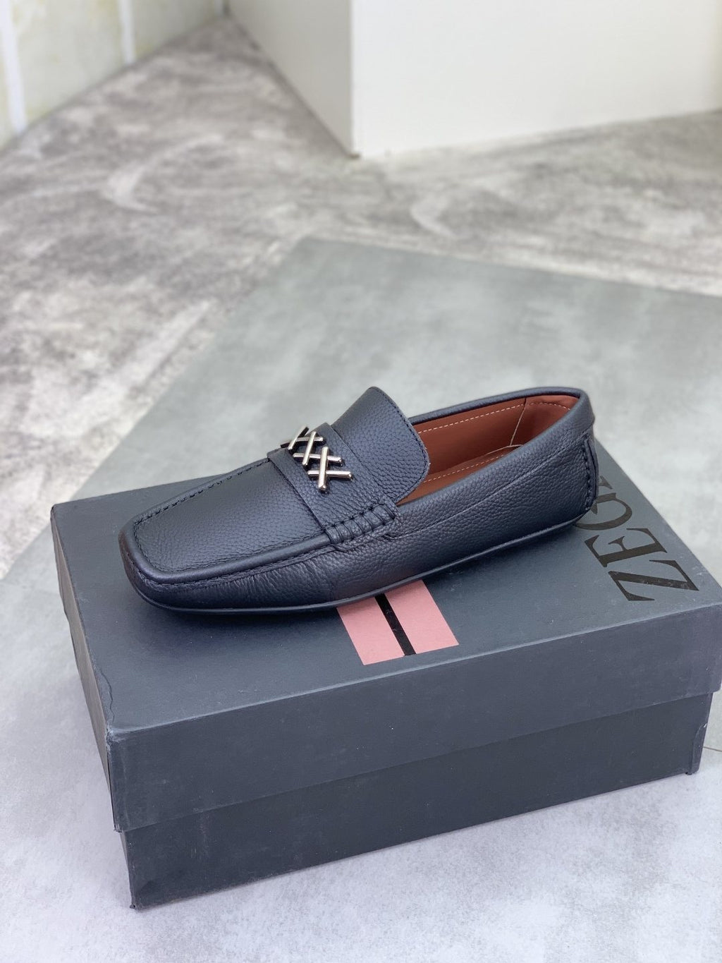 Zegna Square-Toe Leather Loafers with X Accents