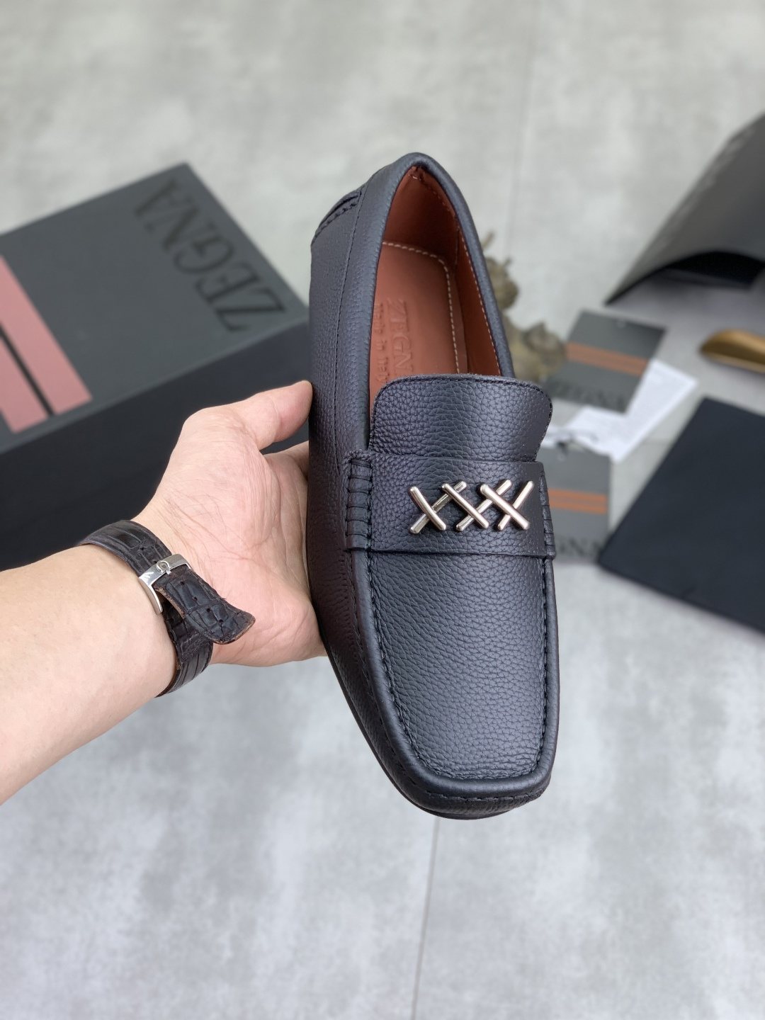 Zegna Square-Toe Leather Loafers with X Accents