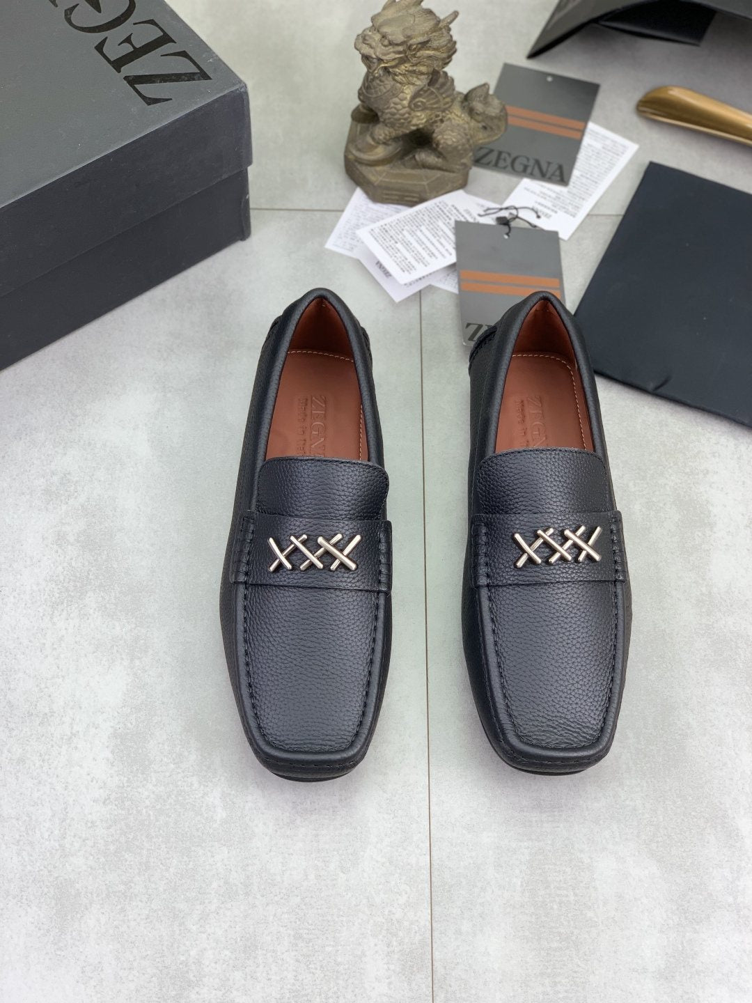 Zegna Square-Toe Leather Loafers with X Accents