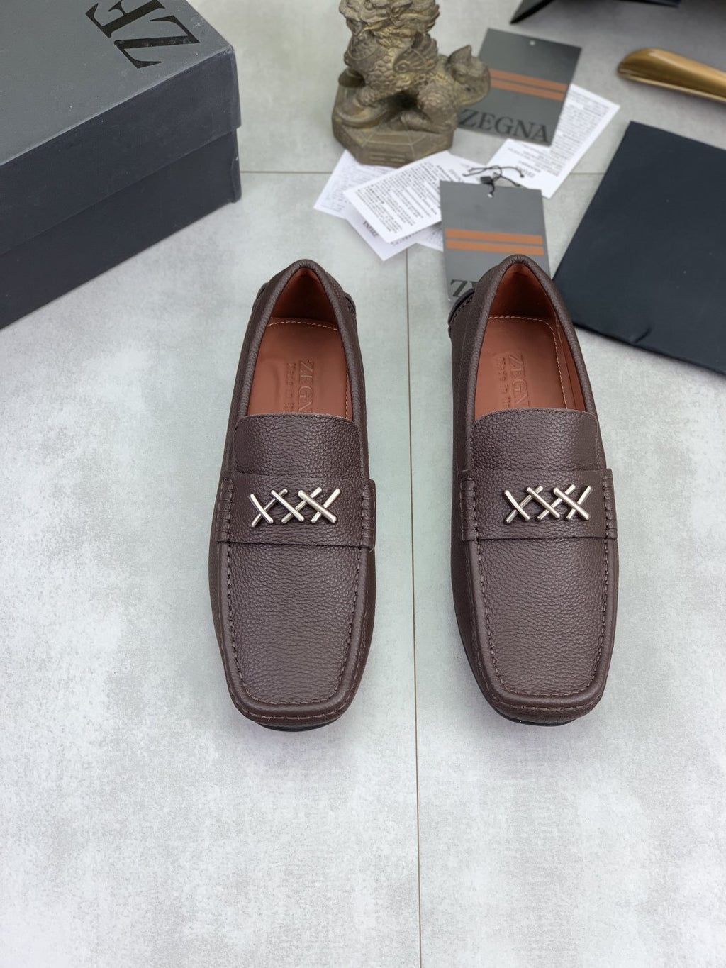 Zegna Square-Toe Leather Loafers with X Accents